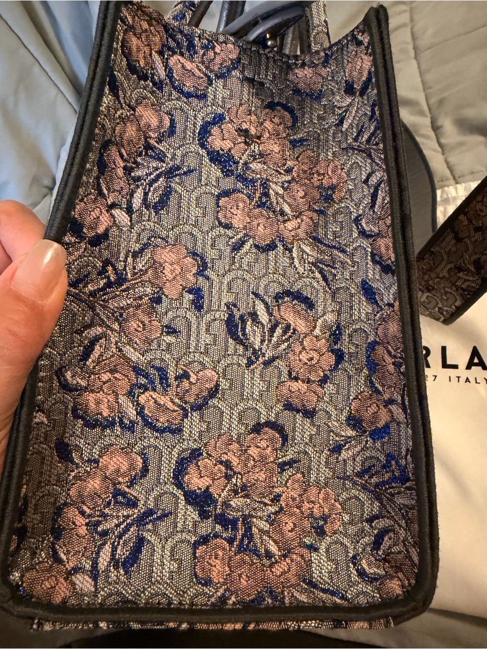 Furla Floral Jacquard Satchel in Blue and Pink - Picture 7 of 9